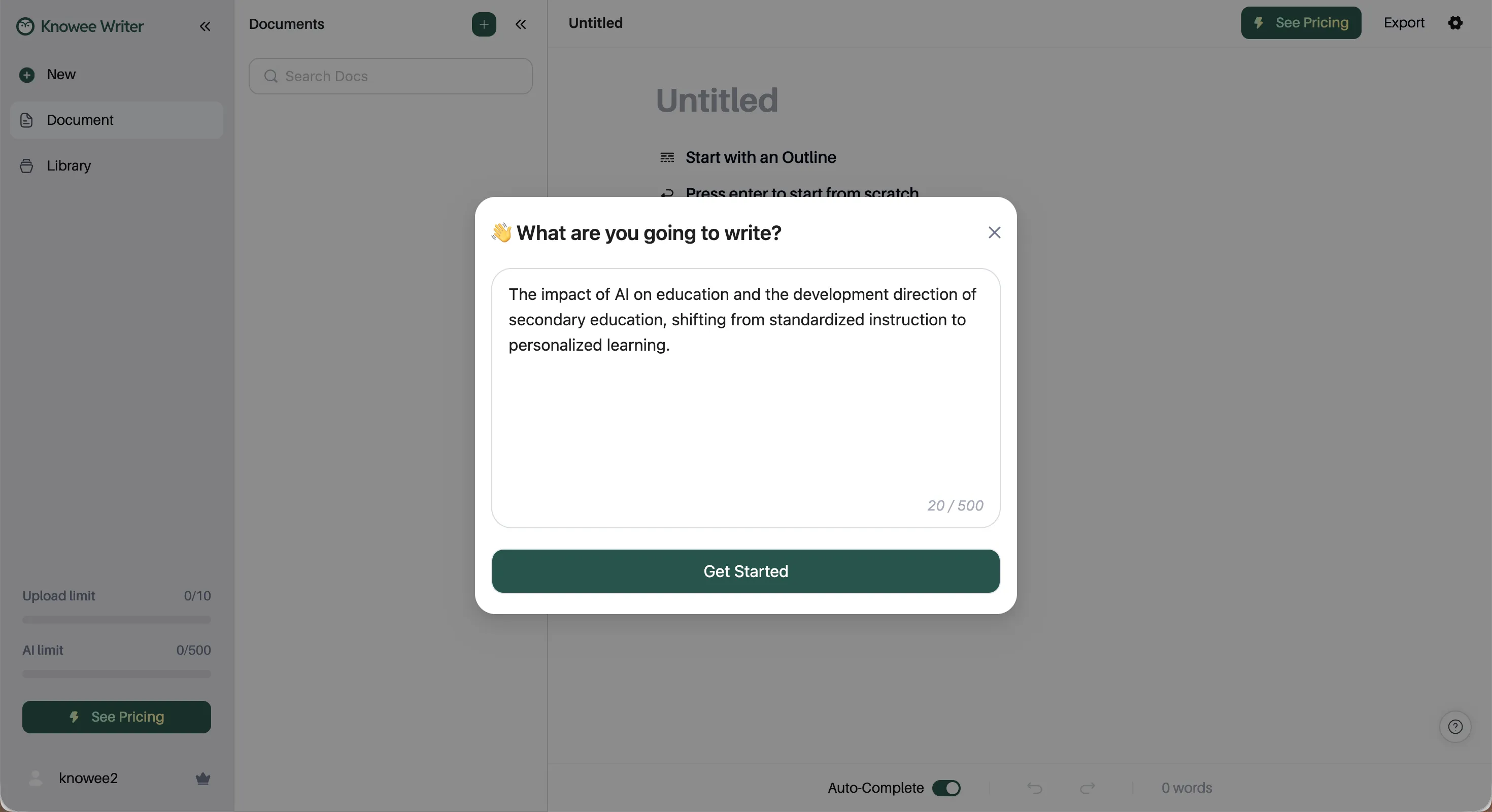 Entering essay requirements in an AI writing tool