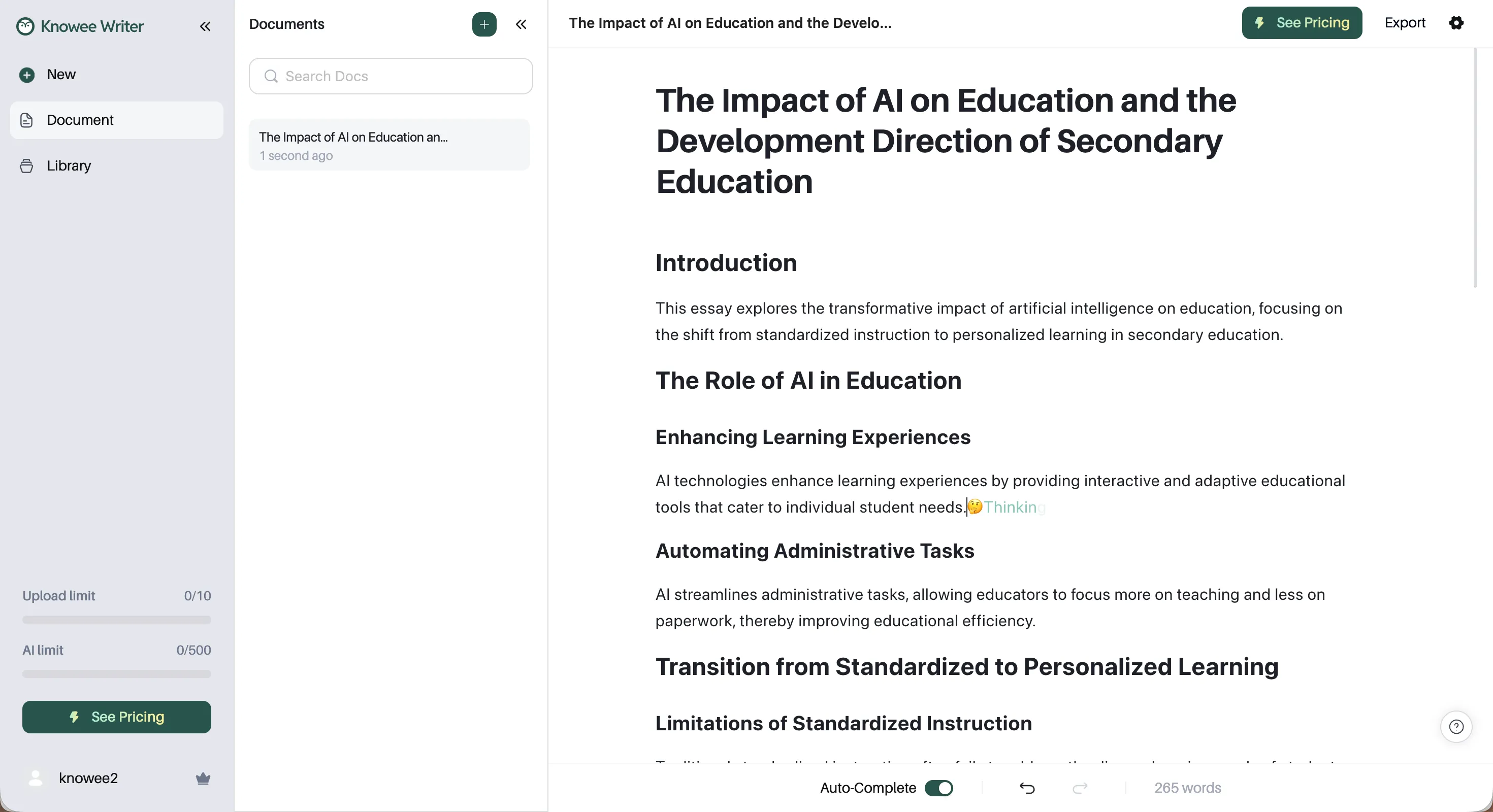 Generating outline and thesis statement in an AI tool