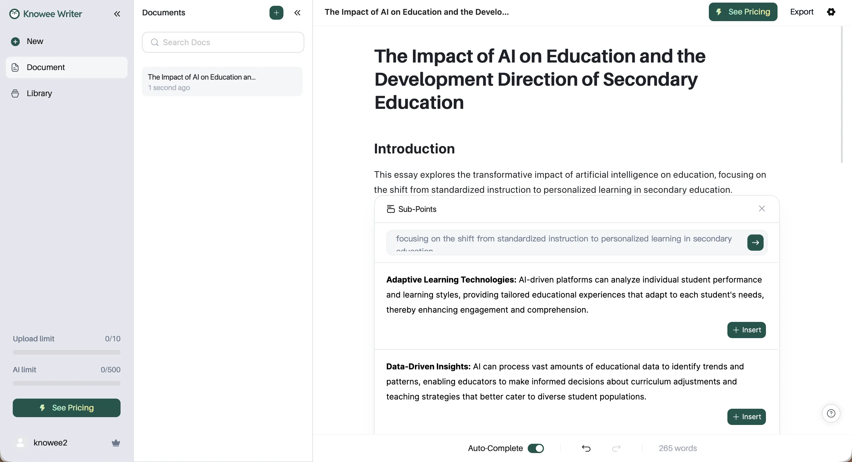 Generating subpoints and explanations from a main thesis