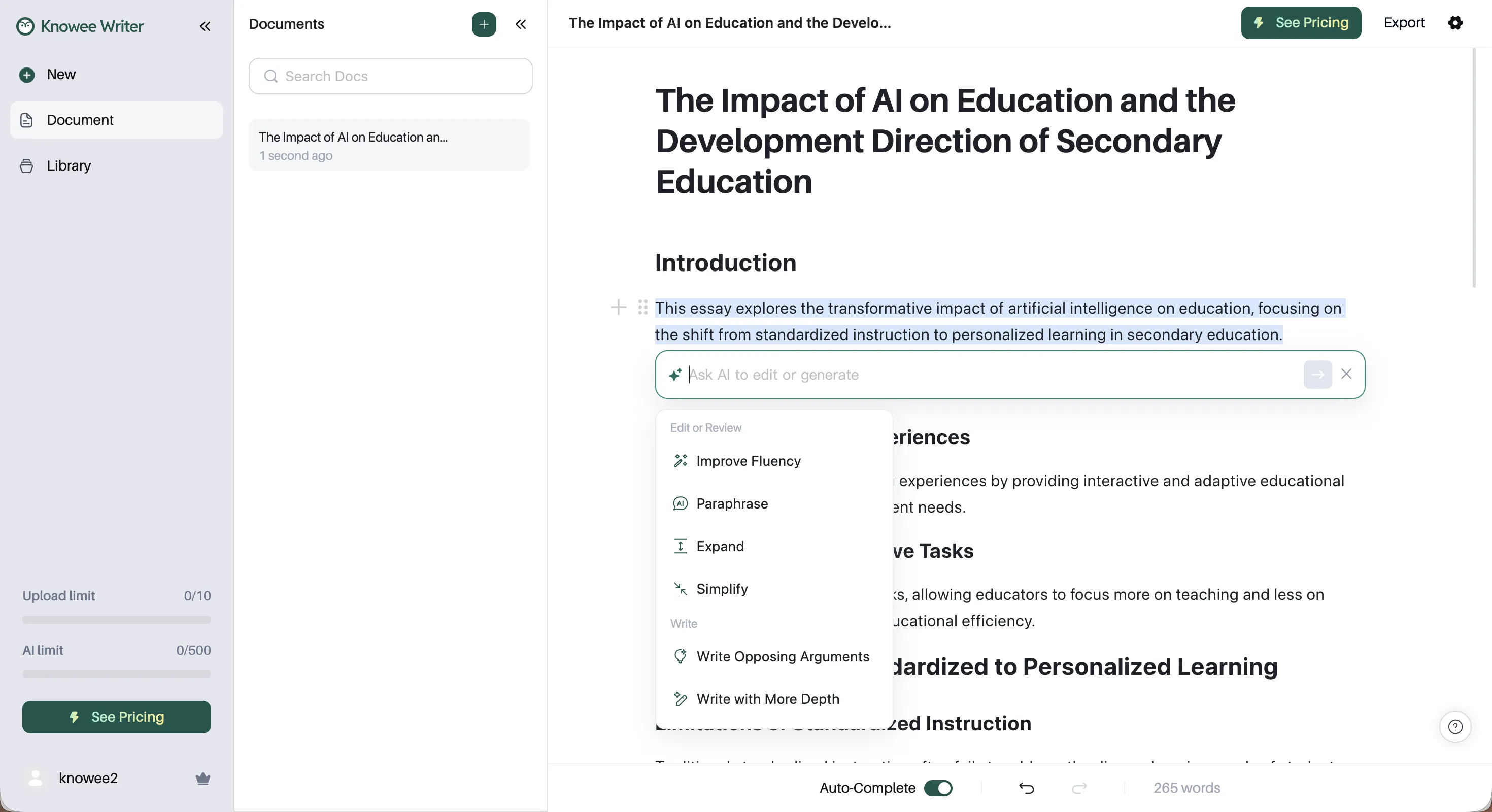 Using AI to refine or expand selected sentences